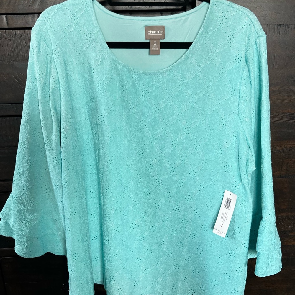 Chico's Aqua Eyelet 3/4 Sleeve New Women's Top Size 3